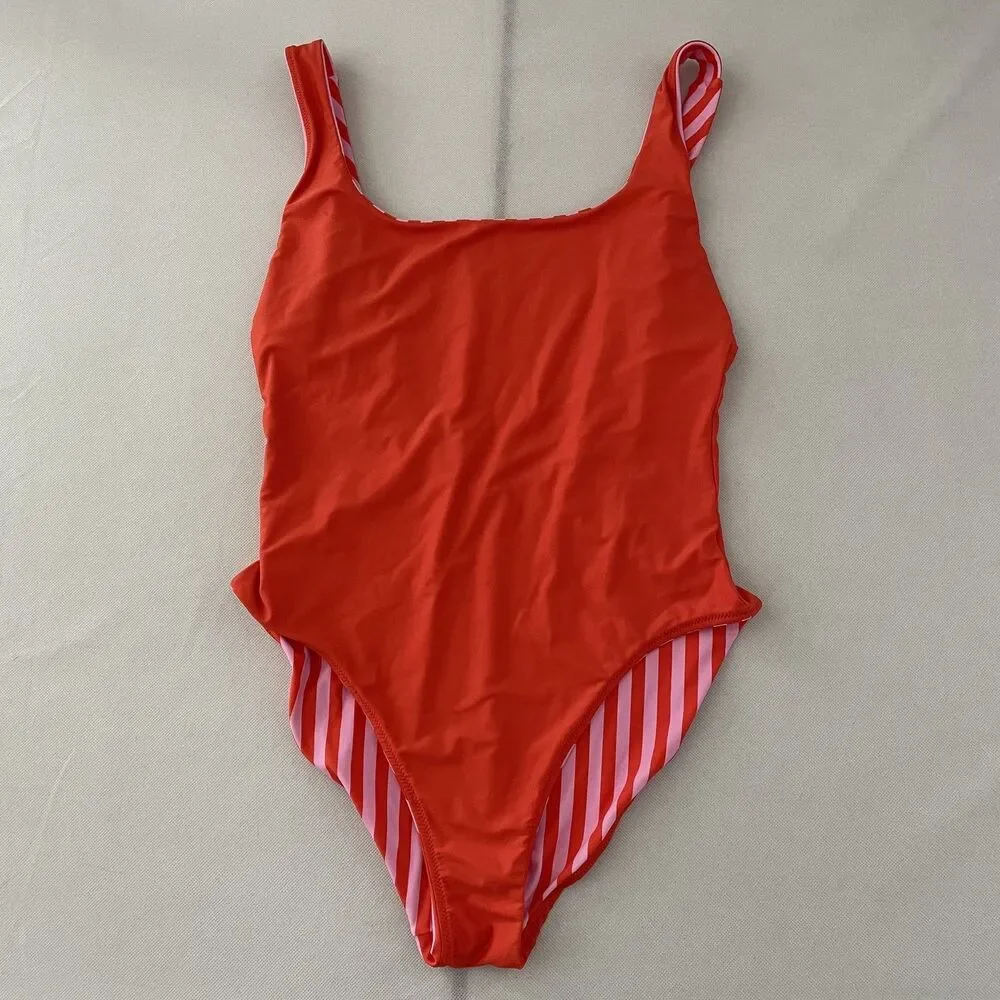J.Crew One Piece Swimsuit Striped Pink Orange Square Neck Size 16 Reversible